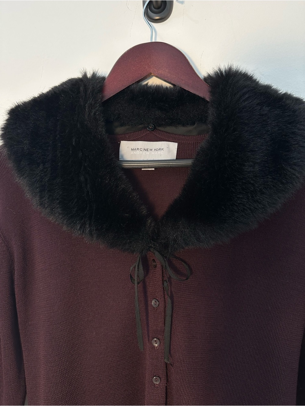 Marc New York Plush Faux-Fur Collar Button-Front Sweater Cardigan - Burgundy - Picture 3 of 12